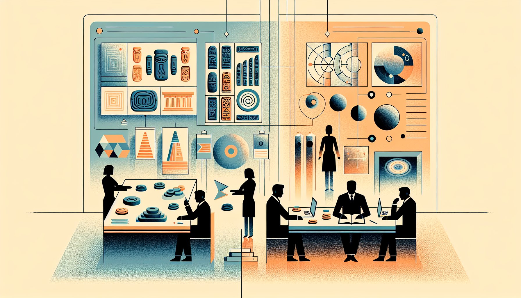 シュメール文明の不思議を科学的知見と想像力のあいだで対比し調和させるイラスト