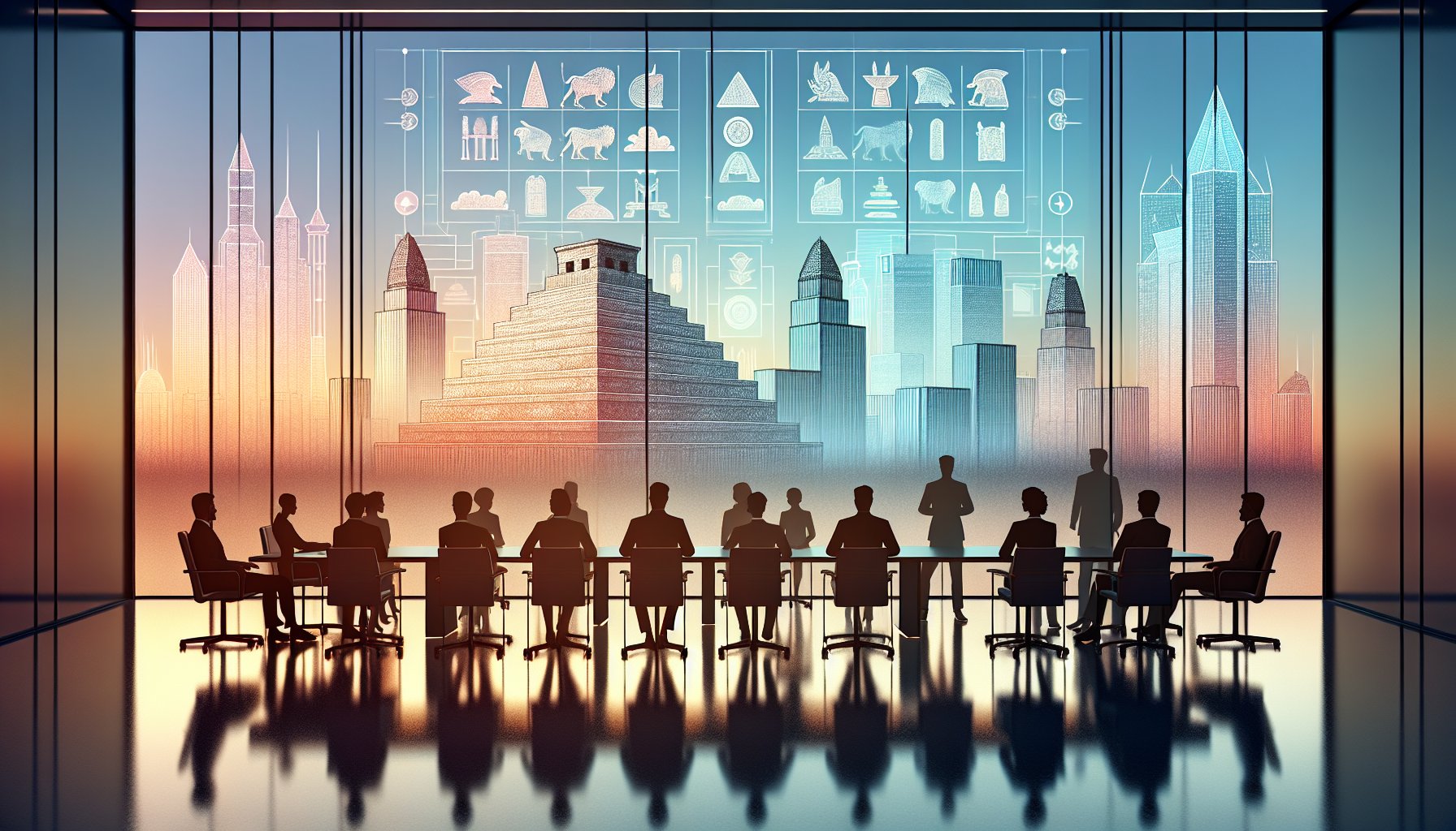 現代オフィスから古代都市を眺めるビジネスパーソン、シュメール文明の不思議と未来技術の対比