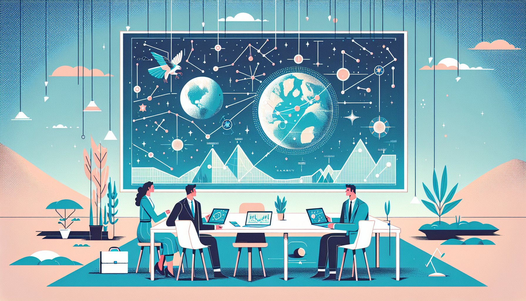 シュメール文明 予言の代表的モチーフを、静かな会議室で星図と謎の惑星を比較検討する場面