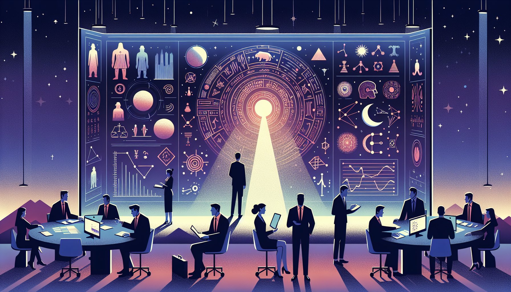 シュメール文明 予言を巡る現代オフィス風景、ホログラムと星図を分析する人々